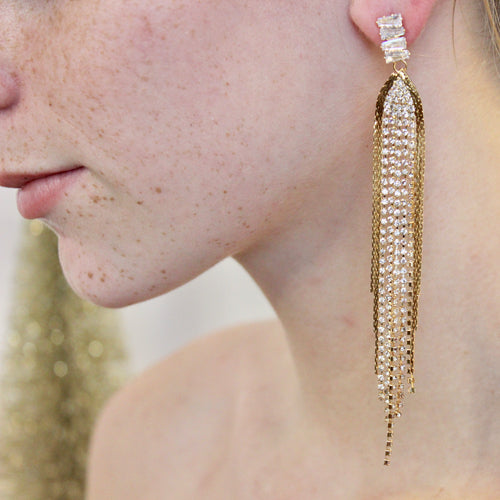 Stacked Crystal Dangle Fringe Earrings |Gold