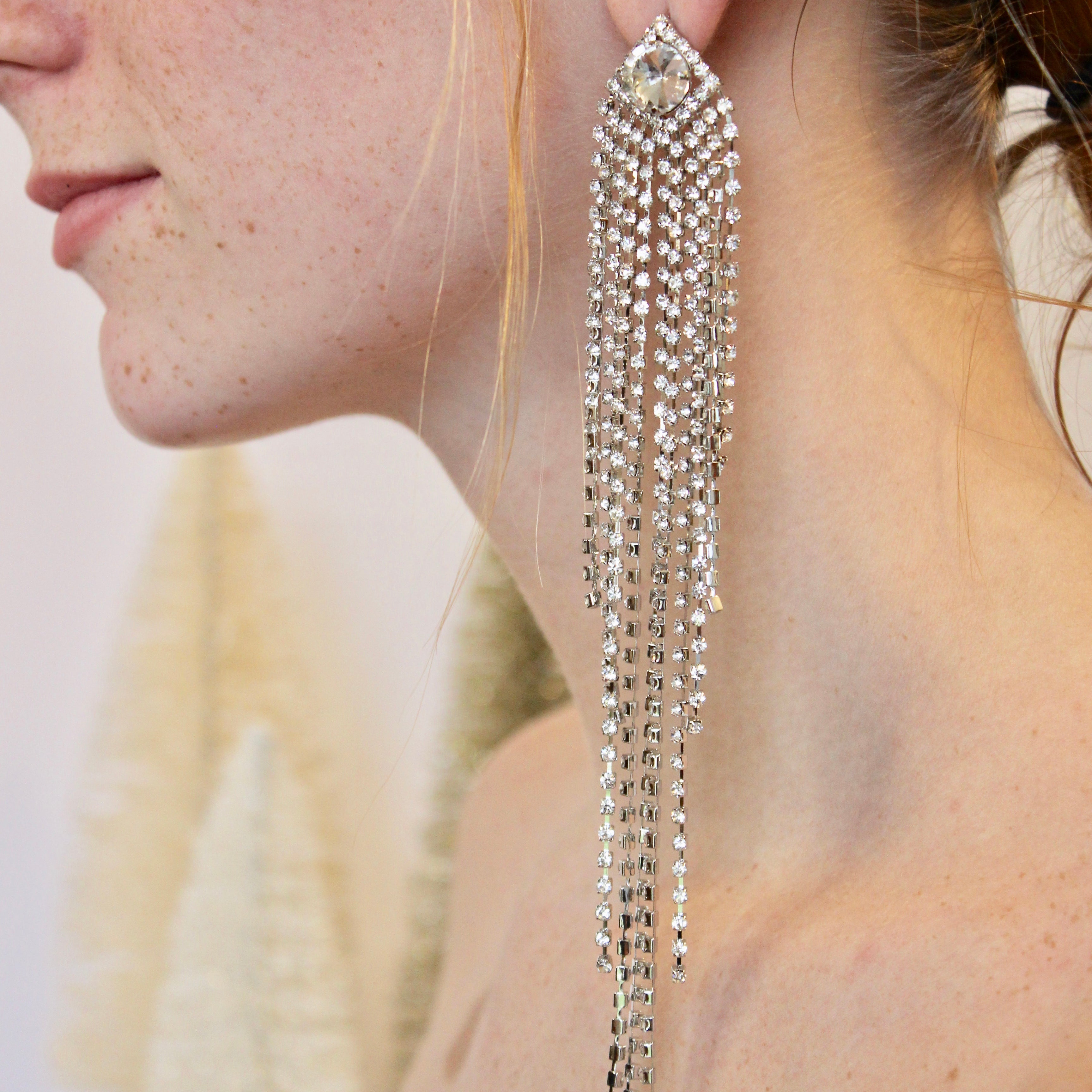 [DANA BURTON] Platanus Dangle Earrings 全2色 Rhinestone Fringe Shoulder-Duster Earrings | Silver & Gold